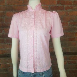 VTG Womens Blouse Pink High Ruffle Neck Embroidery on Front Short Sleeves Sz 6P